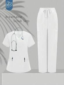 V-Neck Solid Color Pocket Short Sleeve Top And Pants Scrub Set Spring White - White - View 1