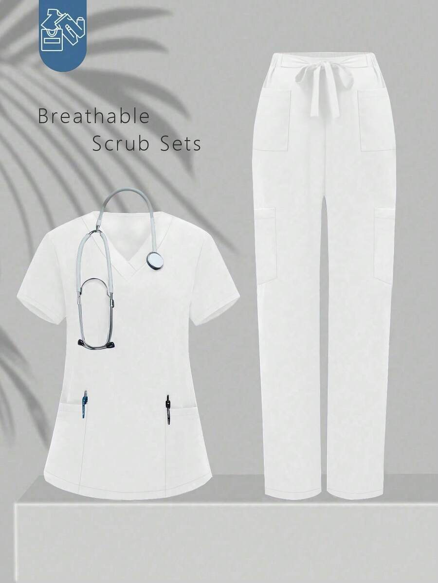 V-Neck Solid Color Pocket Short Sleeve Top And Pants Scrub Set Spring White - White - View 1