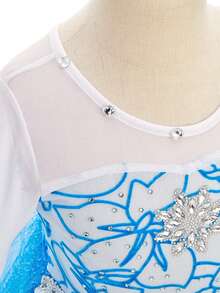 8 peças/Conjunto Vestido Floral de Manga Longa com Tela Azul para Meninas com Acessórios, Fantasia de Brincadeira de Criança, Vestido de Festa de Natal para Meninas - Azul - Visão 5