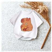 Short-Sleeved, Round-Neck T-Shirt With Capybara Print - White - View 1
