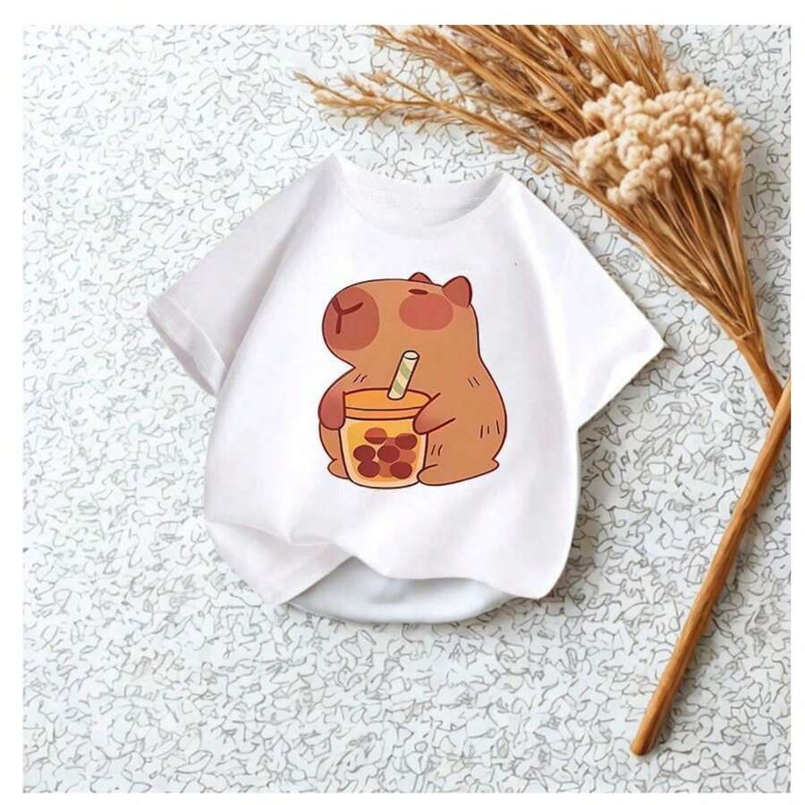 Short-Sleeved, Round-Neck T-Shirt With Capybara Print - White - View 1