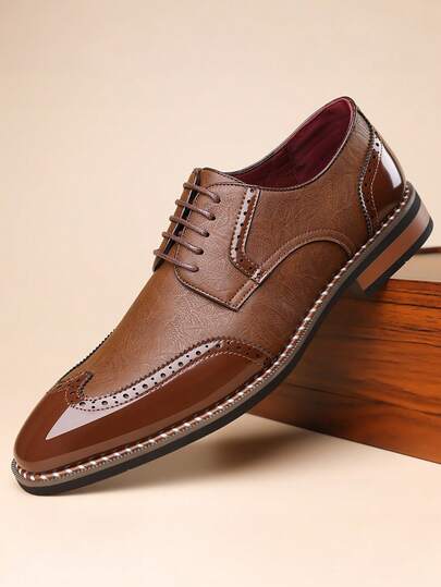 1 双男士系带尖头低帮鞋，PU 皮革鞋面，橡胶鞋底，耐用商务休闲牛津布洛克鞋，适合商务场合