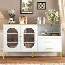 Elegante Sideboard con 2 cajones y 2 puertas de vidrio – Mueble moderno en blanco con detalles dorados – Amplio espacio de almacenamiento – Para salón, comedor, pasillo - Blanco - Ver 1