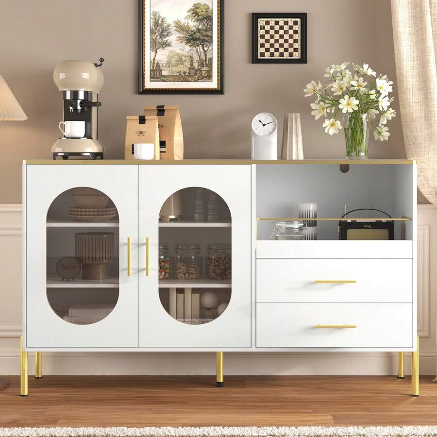 Elegante Sideboard con 2 cajones y 2 puertas de vidrio – Mueble moderno en blanco con detalles dorados – Amplio espacio de almacenamiento – Para salón, comedor, pasillo - Blanco - Ver 1