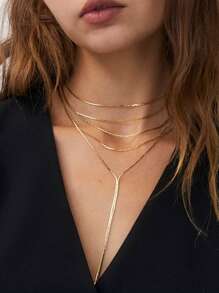 5pcs/Set Y-Shaped Chain Necklace Set, Fashion Minimalist Elegant Vintage Design Demon Eye Cross Rhinestone Bling Bling Simplistic Plain Chain Pendant Multi-Layer Necklace, Suitable For Holiday, Party, Date, Gift, Daily Wear