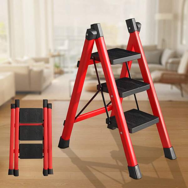 3-Step Folding Ladder 660lbs Load Bearing, Folding Flat 5CM Storage, Non-Tip Stool For Shelves, Cleaning, DIY