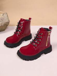 1 双女童时尚可爱优雅校园风圆头侧拉链靴 - 酒紅色 - 查看 2