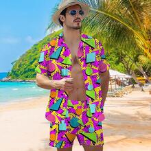 80s 90s Men's Hawaiian Outfits 2 Piece Shirt And Shorts Sets Button Down Beach Suits Disco Partyhalloween - Màu 4 - Xem 5