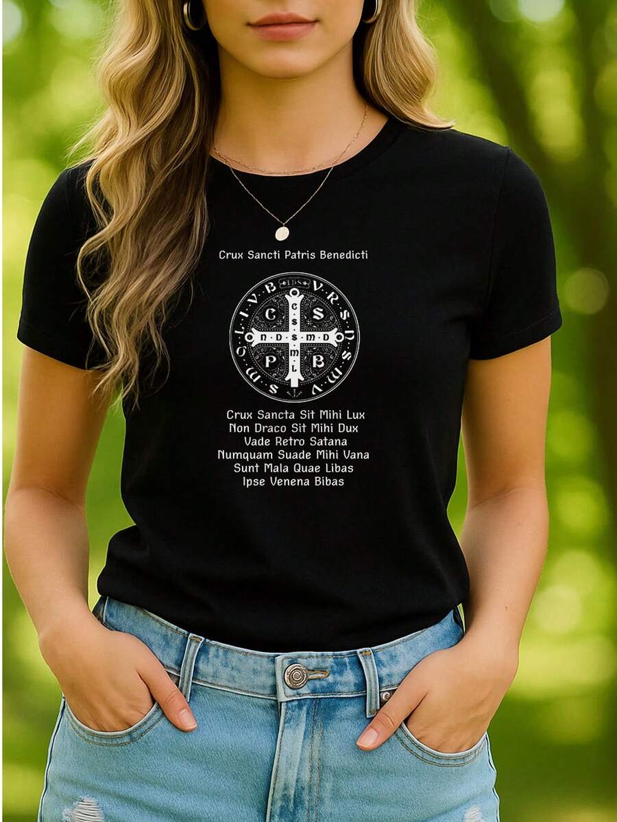 Babylook T-Shirt Women's T-Shirt Sao Bento Sacred Cross Be My Light Crux Sanctini 100% Cotton - màu đen - Xem 1