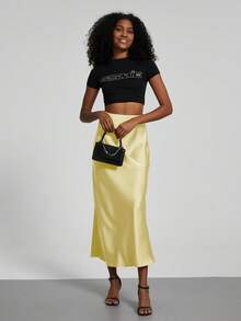 Se-Helo Fashion Women's Elastic Satin Finish Maxi Skirt - Sunlight Yellow - Sunlight Yellow - View 4