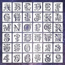 36件套花卉字母模板，可重复使用的玫瑰字母绘画模板，适用于墙贴、装饰贴纸、枕头、T恤、雕刻、蚀刻、盘子、玻璃器皿、餐巾纸、杯垫、钱包、服装、卡片、剪贴簿、织物转印、手提包、笔记本等。 - 均碼 - 查看 3