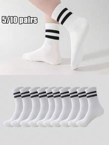 5/10双装男女通用柔软舒适条纹白色中筒袜，适合日常穿着、户外活动、休闲运动、搭配乐福鞋、运动鞋，四季皆宜。 - 白色 - 查看 5