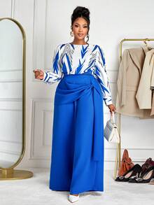 BIUBIU Bộ đồ nữ cỡ lớn thời trang gồm áo kẻ sọc và quần ống rộng xếp ly, thiết kế tối giản, phù hợp cho công sở, mùa xuân, thu và đông. Cũng thích hợp cho đi chơi hàng ngày, hẹn hò, Giáng sinh, tiệc tùng, năm mới và các dịp khác. Thanh lịch - Màu xanh lam - Xem 3