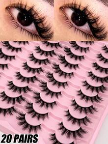 20 Pairs Of False Eyelashes, Anime Eyelashes, Cat Eyelashes, Imitation Mink Eyelashes, Fox Eyelashes, Natural Eyelashes, Role Play, Travel Essential Makeup Tools, Suitable For Holiday Parties, Halloween, Christmas - 眼尾拉長款 - 查看 1