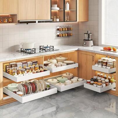 21-Inch Deep Expandable Pull-Out Cabinet Organizer, Drill-Free Installation With Nano-Adhesive, No Drilling Required, Adjustable Width For Kitchen And Pantry, Metal Structure, Multi-Compartment Design For Spices, Jars And Cutlery, Modern Slide-Out Drawers, Kitchen Pantry Storage Unit