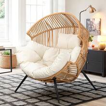 Vongrasig Wicker Rocking Chair PE Rattan With Cushion, Oversized Patio Lounge Rocker Chair Outdoor, Indoor, Livingroom, Backyard, Garden (Beige) - Beige - View 2