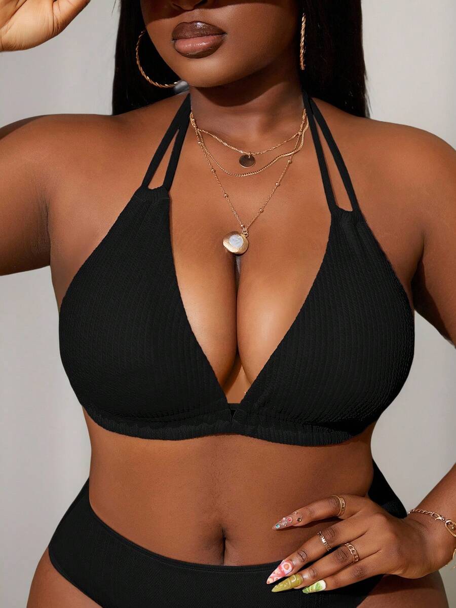 Slaydiva Plus Size Solid Color Textured Fabric Halter Swim Top Summer - Black - View 1
