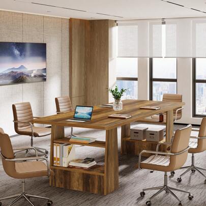 LITTLE TREE 63 Inch Conference Table For 6-8 People - Large Rectangular Meeting Desk With 5-Tier Shelf, Sturdy Office Seminar Table, Business & Executive Workstation