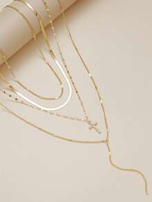 5pcs/Set Fashionable Y-Shaped Necklace Set, Elegant Vintage Design With Colorful Rhinestones, Cross, Snake Bone Chain, Minimalist Plain Chain Pendant Necklaces, Suitable For Holiday, Party, Daily Wear - Yellow Gold - View 6
