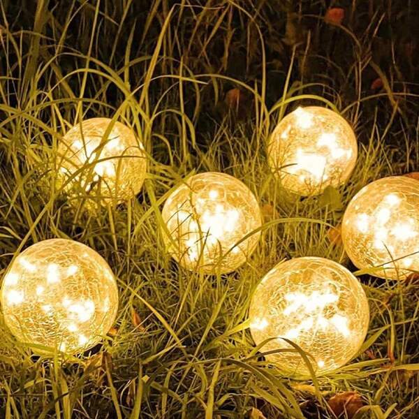 1 PC Solar Warm Light Cracked Glass Ball Lamp LED Outdoor Ground Lawn Light For Aaily Party Halloween Pathway Patio Lawn Yard Christmas Holiday Gecoration Use
