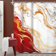 Abstract Marble Ombre Shower Curtain, 66x72 Inch,  Modern Aesthetic Luxury Texture Golden Crack Neutral Bathroom Decor With Hooks - B-紅 - 查看 2