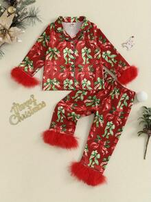 Kid Girls Christmas Pants Set Clothes Long Sleeve Fur Cuffs Bow Print Shirt + Pants Set Toddler, Suitable For Baby Kid Girl - Red - View 1