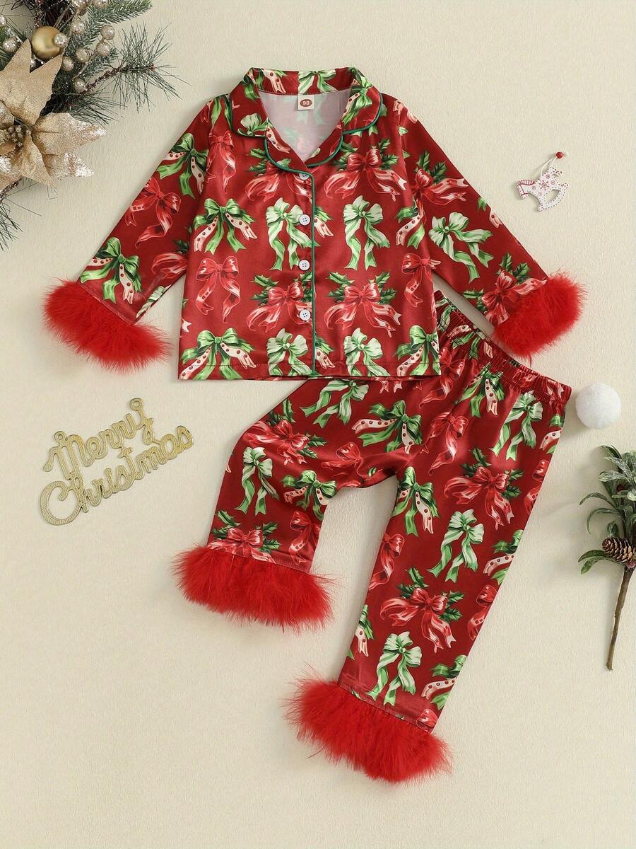 Kid Girls Christmas Pants Set Clothes Long Sleeve Fur Cuffs Bow Print Shirt + Pants Set Toddler, Suitable For Baby Kid Girl - Red - View 1