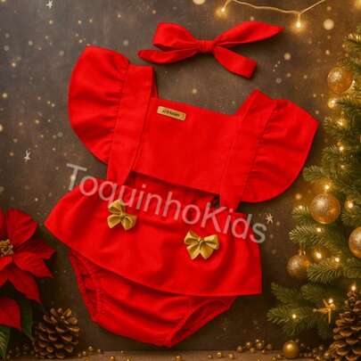 Jardineira Romper de bebê menina temático natal fantasia mesversario luxo