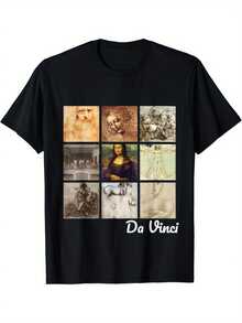 Camiseta con arte de Leonardo da Vinci: Mona Lisa, Hombre de Vitruvio, retrato - Negro - Ver 1