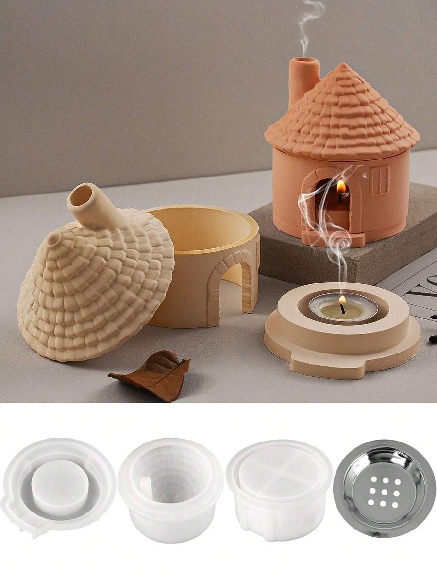 烟囱房屋香炉硅胶模具,DIY 房屋建筑设计石膏混凝土浇注烛台罐模具,熔炉扩散器香薰容器手工香台家居装饰 - mold - 查看 1