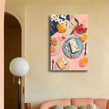 1PC Pink Breakfast Flatlay Food In The Table Wall Art Blue Cheese Plate Print Kitchen Art Print Canvas Poster Painting Wall Decor, Ideal Gift For Bedroom Living Room Hallway Dorm Paintings In Living Rooms, Bedrooms, Dining Rooms Optional Frames Modern Posters, Wall Arts, Canvas Paintings