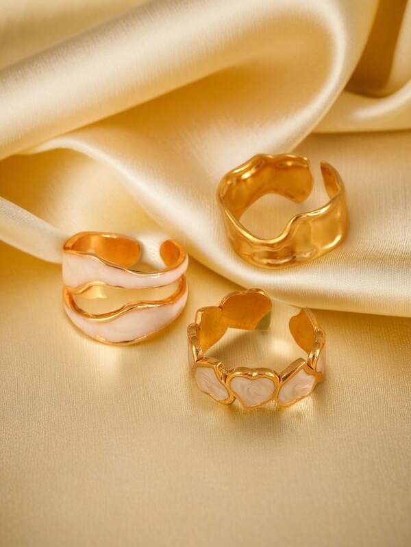 Set de 3 anillos de acero de titanio con diseño asimétrico, pintura geométrica y patrón de óleo, diseño único adecuado para uso diario de mujeres