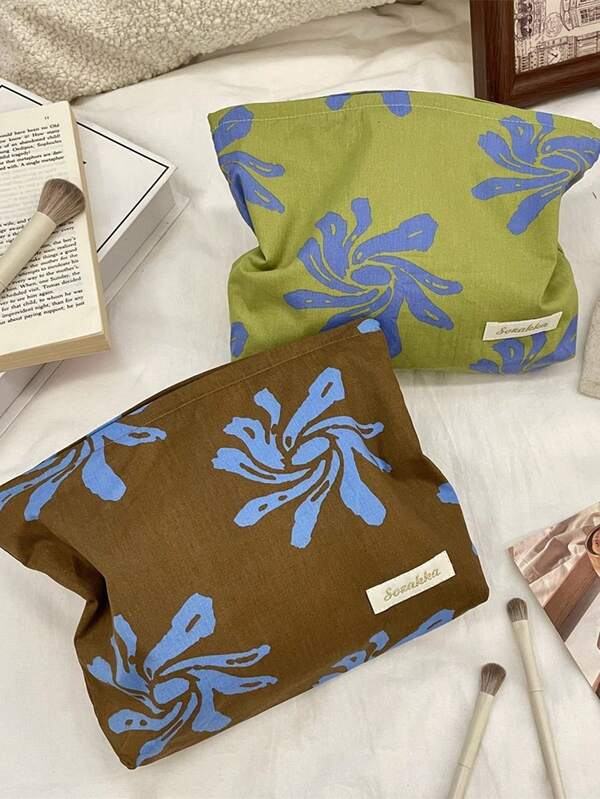 1 pièce Sac cosmétique fleur rétro, sac à rouge à lèvres vert/marron pour filles, sac de rangement, sac cosmétique portable de voyage
