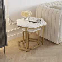 Set Of 2pcs Hexagonal Shape Side End Tables Nested Tables Sofa Lamp Tables Small Coffee Tables Marble Effect MDF Top Board Metal Frame For Dining Room Living Room Bedroom - White - View 8