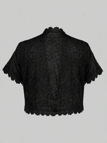Yukiwi Plus Size Women Camellia Lace Patchwork Short Sleeve Cardigan, Suitable For Holiday Party Wear Spring Black - Black - View 2