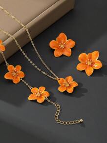 1pc Summer Vacation Vintage Vibe Handmade Dopamine Inspired Orange 5-Petal Flower Pendant Necklace, 1 Pair Earrings, 1pc Bracelet, Women Jewelry Set Can Be Freely Matched