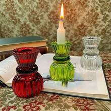 1pc Crystal European Candle Holder, Eerie, Autumn, Holiday, Christmas, Winter, Holiday, Festival, Christmas Decor, Christmas Decoration, Christmas Gift, Room Decor Candle Holder - Transparent/Green/Red Small Creative Candle Base - Small Skirt Dual-Use Candle Cup Romantic Dining Table Candle Holder Home Decor Christmas Decorations, Christmas Gifts