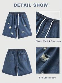 Baggy Jean Shorts Men, Y2k Jorts Cargo Ripped Elastic Waisted, Mens Denim Shorts Loose Fit Vintage Streetwear Summer - 深色水洗藍 - 查看 5