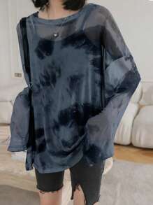 休闲扎染印花透明落肩宽松衬衫，春夏 - 藍色 - 查看 1