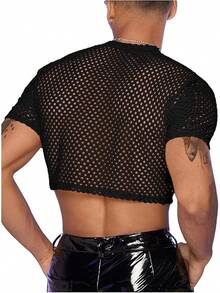 Men's Fishnet Mesh Tee Shirt Round Neck Short Sleeve Crop Top - 黑色 - 查看 6