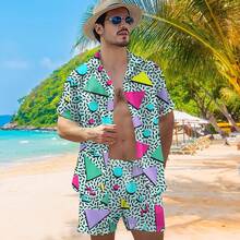 80s 90s Men's Hawaiian Outfits 2 Piece Shirt And Shorts Sets Button Down Beach Suits Disco Partyhalloween - Màu 4 - Xem 10