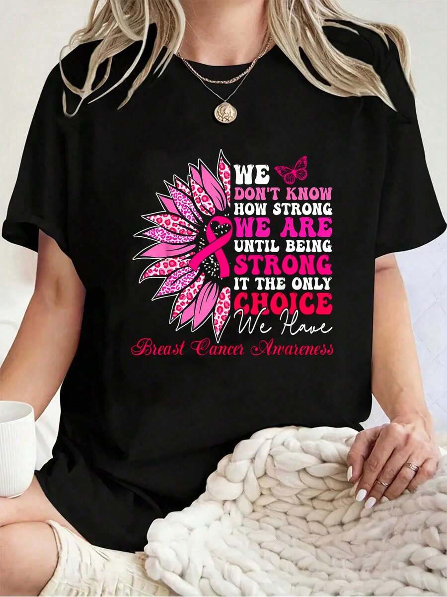Sunflower Motivational Support Squad Breast Cancer Awareness T-Shirt  -Summer Streets, Personalized Printed Patterns, Round Neck T-Shirts, Women's Tops, Cotton Short Sleeves, Shirts - Black - View 1