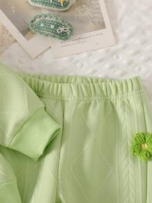 2 件套女婴时尚韩版休闲绿色花卉装饰纹理运动衫和不对称下摆裤子套装，秋冬 - 綠色 - 查看 5