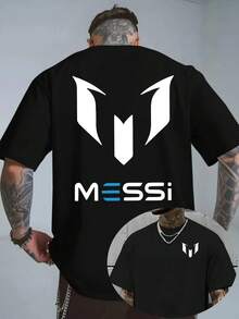 Men'S Messi Logo Graphic T-Shirt - Light Blue Casual Crew Neck Tee With Black & White Design, Comfortable Polyester Fabric For Casual Attire, Summer Streetwear, Soccer Shirt - màu đen - Xem 2