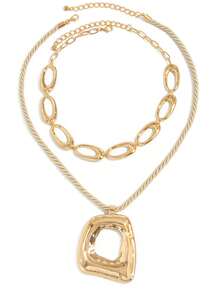 2pcs/Set Fashion Versatile Matte Gold Asymmetrical Hollow Square Pendant Braided Rope Necklace, Vintage Thick Gold Chain Necklace For Women, Suitable For Daily Wear, Dates, Parties, Music Festivals