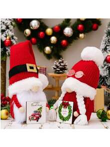2pcs Christmas Decorations - Knitted Pom Pom Hat, Wooden Plaque Reindeer Figurine - Multicolor - View 1
