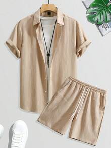 Conjunto informal de dos piezas para hombre (camisa de manga corta lisa + pantalón corto con cordón) - Caqui - Ver 3