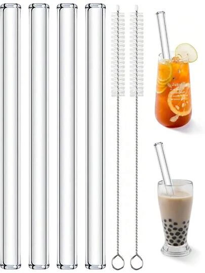 4 Pcs Boba Straw Glass Smoothie Straw Reusable Drinking Straw, Reusable Glass Clear Boba Straws And Brush, 14mm X 215mm Long Extra Wide Drinking Smoothie & Bubble Tea Straws, Vegetable Salad & Milkshake Straws