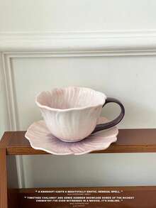 1pc Vintage Dreamy Purple Hibiscus Ceramic Coffee Cup & Saucer, Hand-Painted Underglaze Latte Mug, Gift For Afternoon Tea