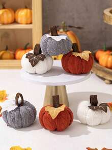 3pcs-Home Decorative Knitted Small Pumpkin, Handmade Knit Maple Leaf Pumpkins, For Thanksgiving And Harvest Festival, Can Be Used As Hanging Decoration Or Banner, Table Setting For Autumn Entertaining, Fall Wedding Centerpiece, Decorative Pumpkins, For Decorating Halloween,Christmas